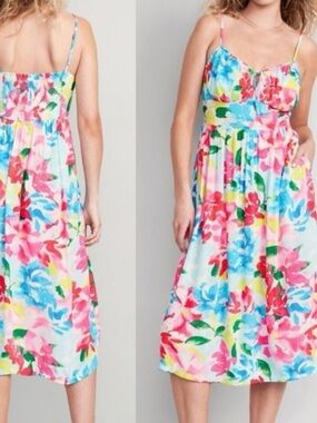 Old Navy Fit Flare Milkmaid Dress Y2K Floral Smocked High Waist Fairy Summer